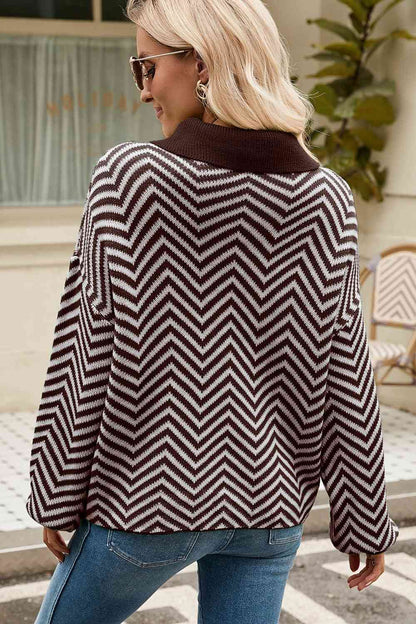 Striped Collared Neck Buttoned Pullover Sweater | AdoreStarr