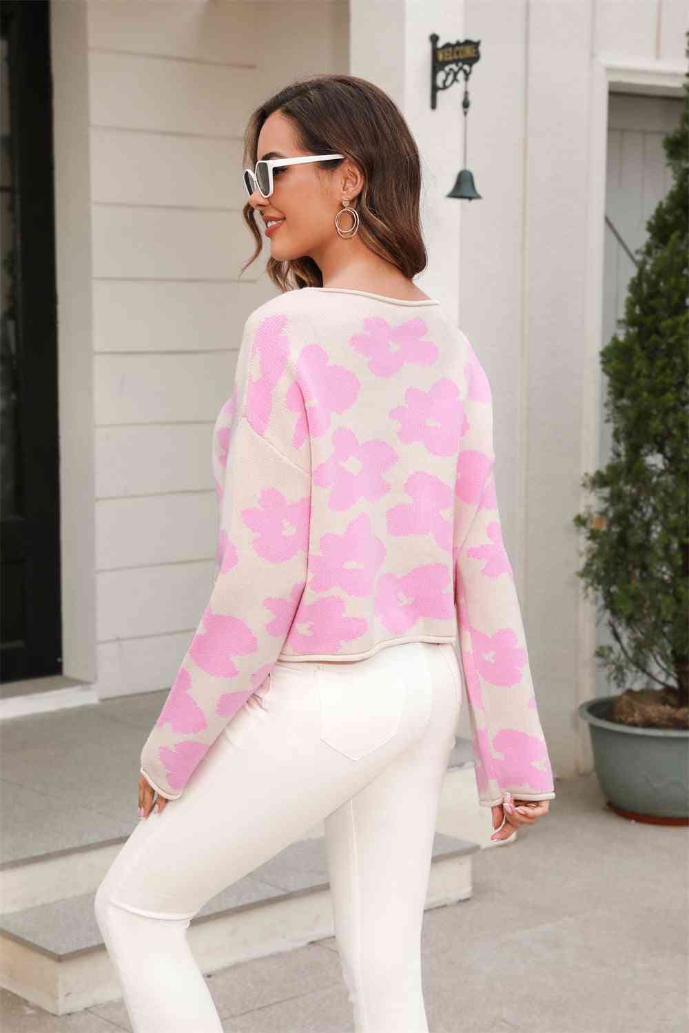 Flower Pattern Dropped Shoulder Pullover Sweater | AdoreStarr