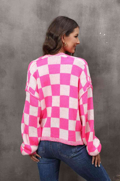 Checkered Open Front Drop Shoulder Cardigan | AdoreStarr