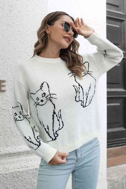 Cat Pattern Round Neck Pullover Sweater | AdoreStarr