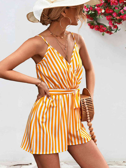 Striped Tie Waist Spaghetti Strap Romper | AdoreStarr