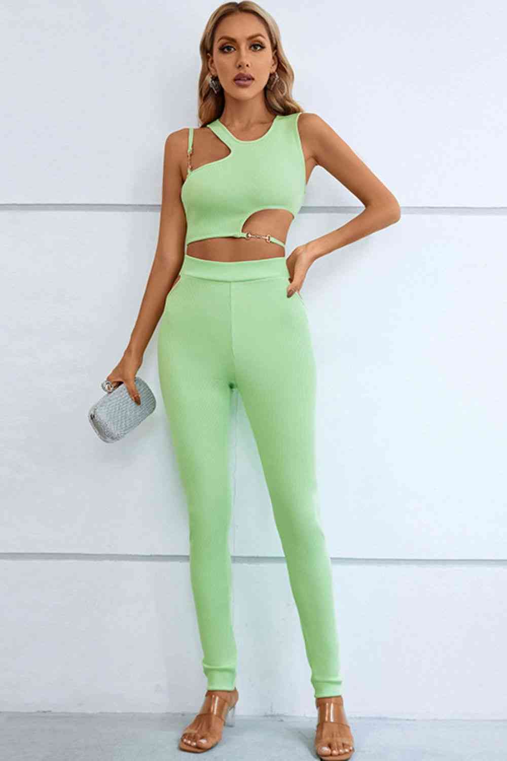 Asymmetrical Ribbed Cutout Tank and Pants Set | AdoreStarr