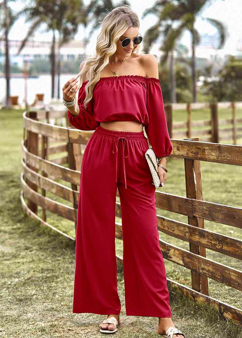 Off-Shoulder Blouse and Drawstring Waist Pants Set | AdoreStarr