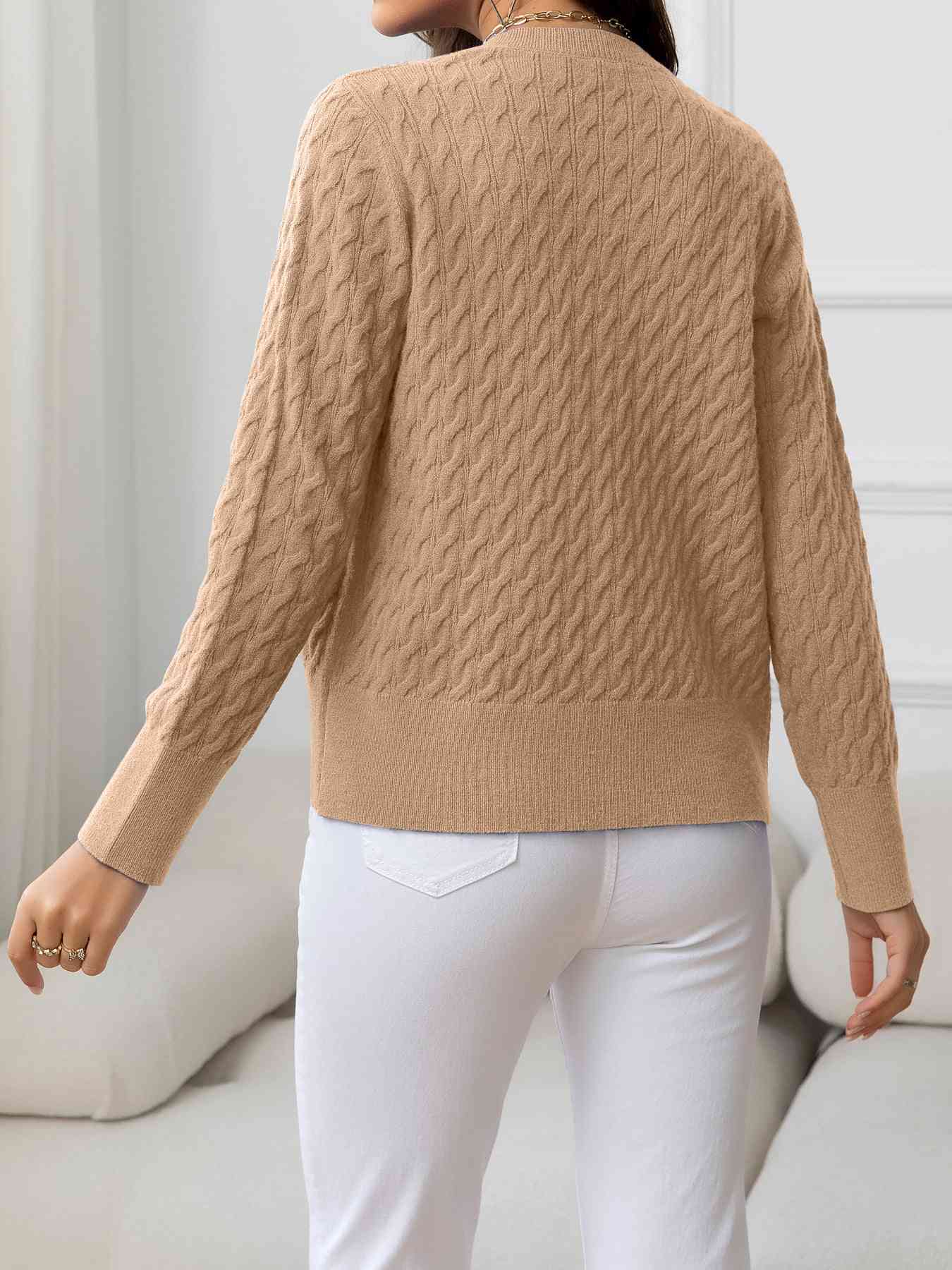 Round Neck Cable-Knit Buttoned Knit Top | AdoreStarr