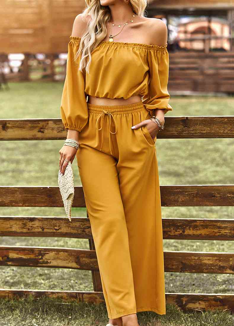 Off-Shoulder Blouse and Drawstring Waist Pants Set | AdoreStarr