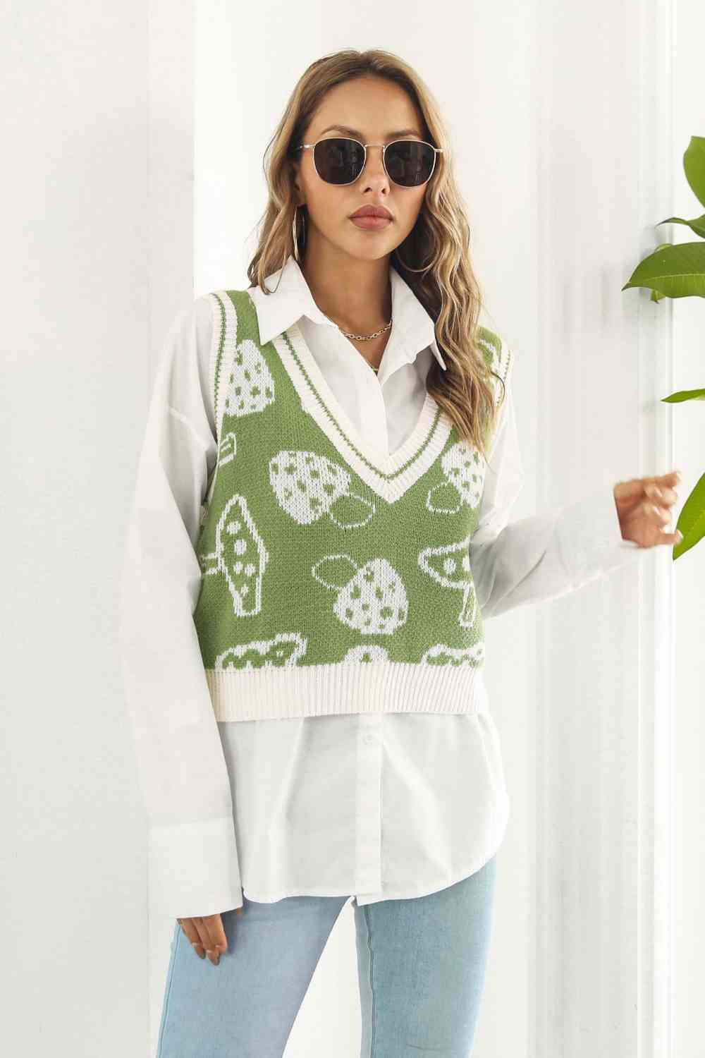 Printed Plunge Neck Sweater Vest | AdoreStarr