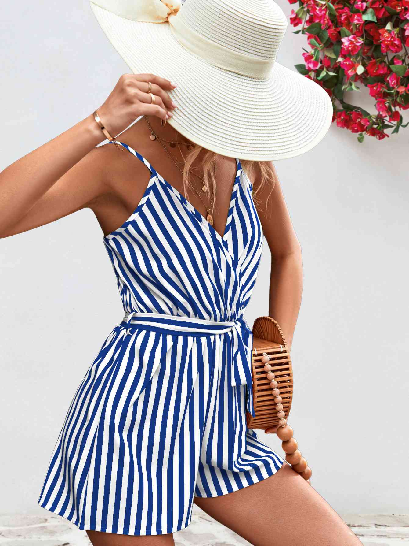 Striped Tie Waist Spaghetti Strap Romper | AdoreStarr