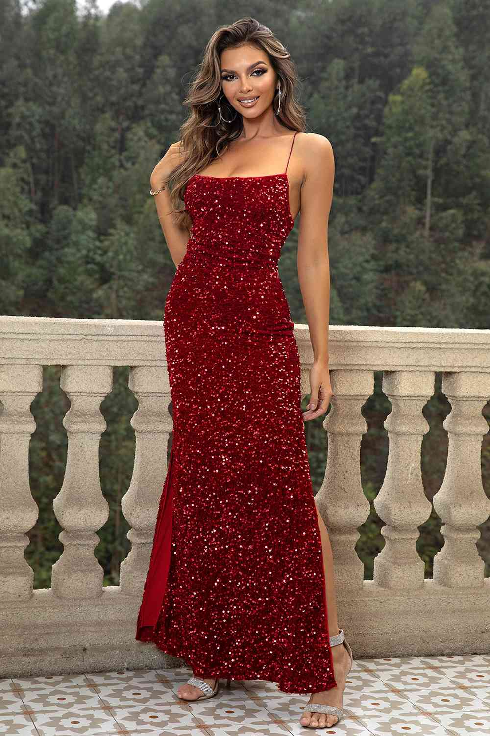 Sequin Backless Split Maxi Dress - Wine