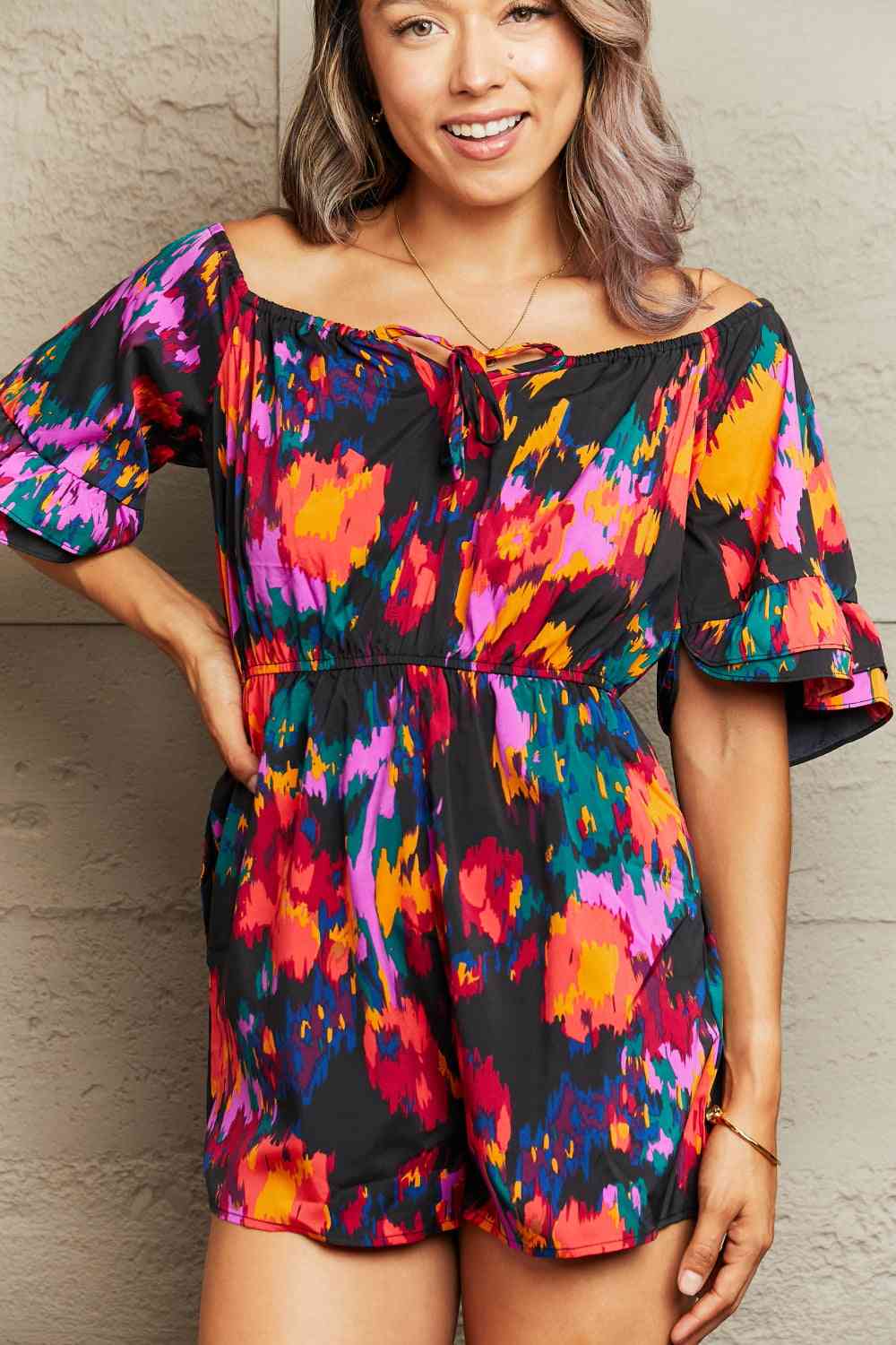 Printed Tied Flounce Sleeve Romper | AdoreStarr