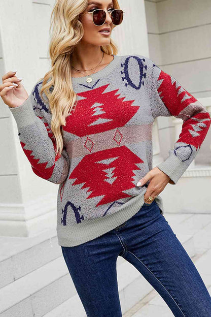 Printed Round Neck Long Sleeve Sweater | AdoreStarr