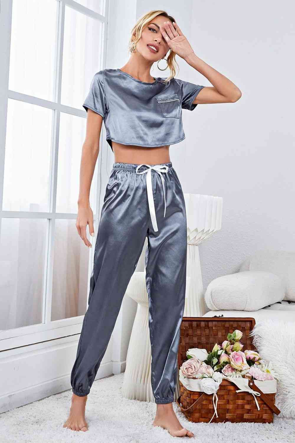 Satin Short Sleeve Crop Top and Joggers Lounge Set - Steel