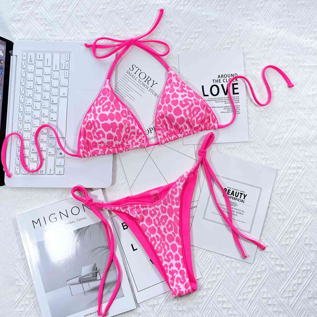 Leopard Print Tie Side Bikini Set - Hot Pink