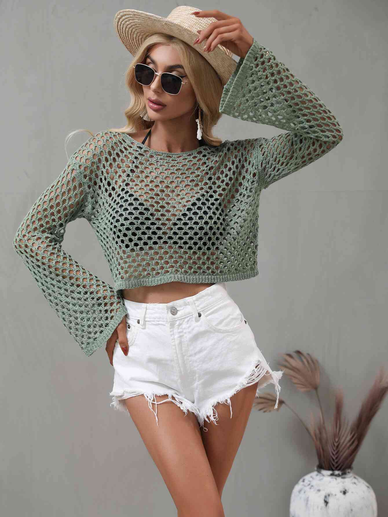 Openwork Flare Sleeve Cropped Cover-Up | AdoreStarr