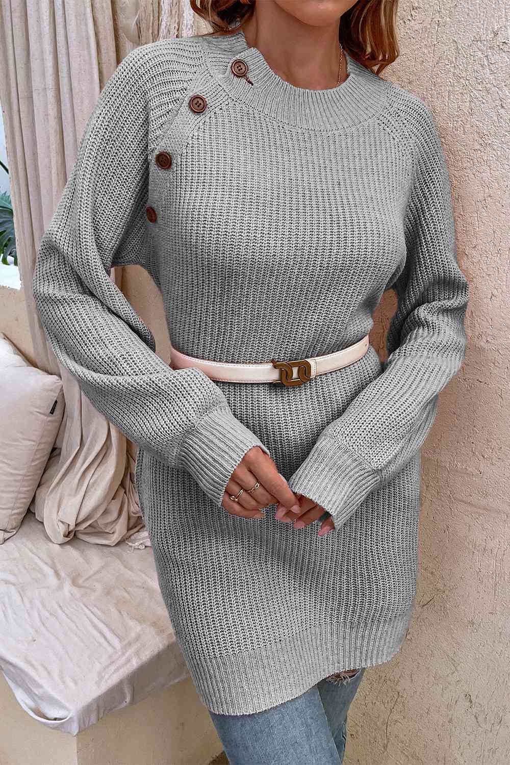 Round Neck Button Detail Ribbed Sweater | AdoreStarr