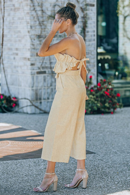 Ruffled Strapless Jumpsuit - Beige