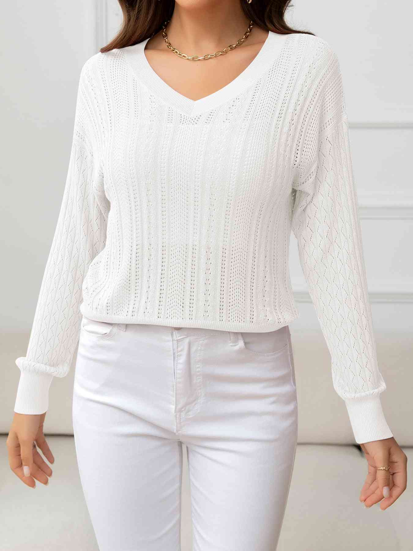 V-Neck Long Sleeve Eyelet Knit Top | AdoreStarr