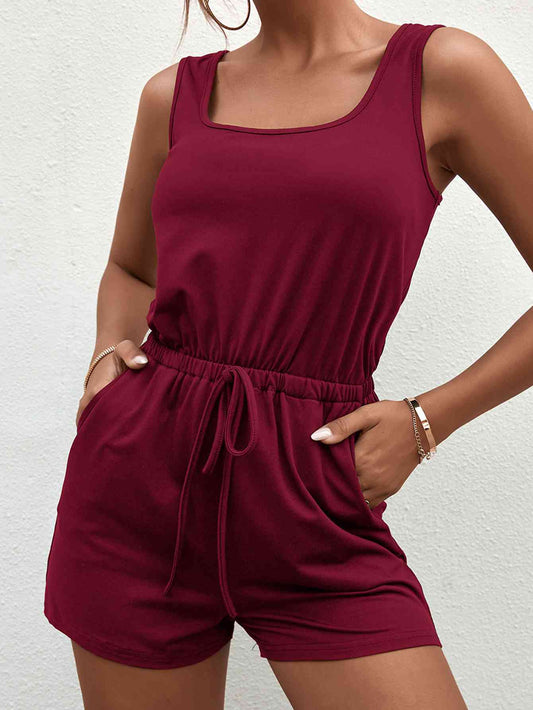 Square Neck Sleeveless Romper with Pockets | AdoreStarr