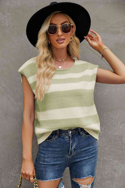 Striped Round Neck Cap Sleeve Knit Top | AdoreStarr