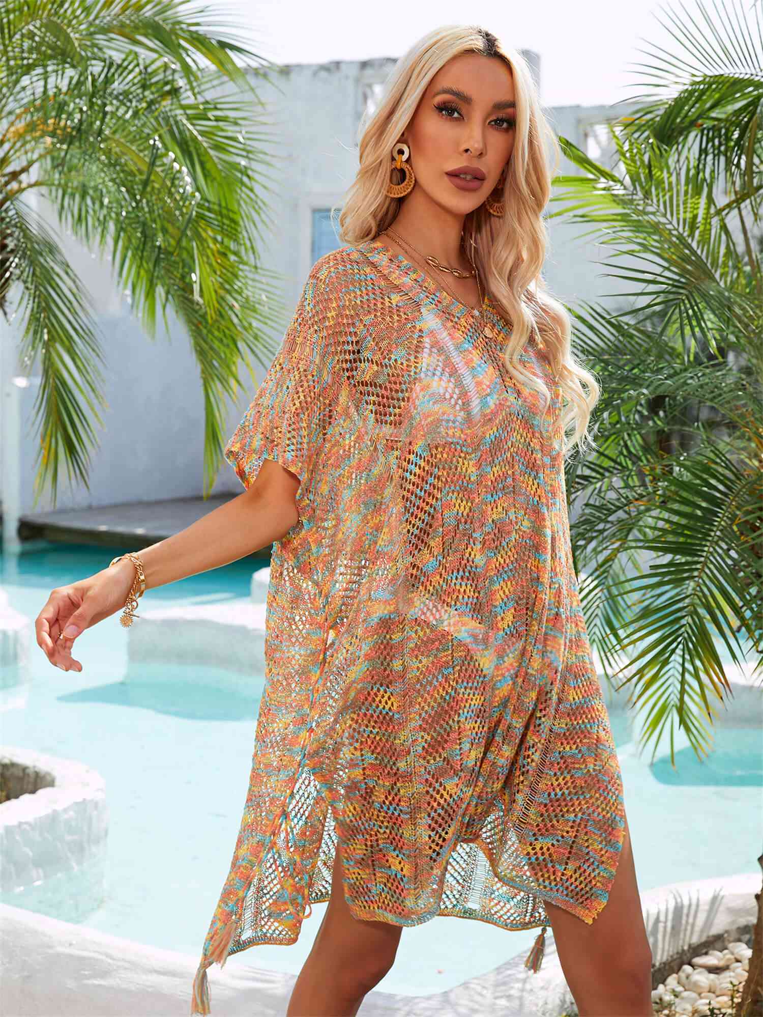 Multicolored Openwork Tassel Slit Cover-Up - Yellow One Size