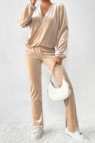 Surplice Long Sleeve Top and Slit Pants Set | AdoreStarr