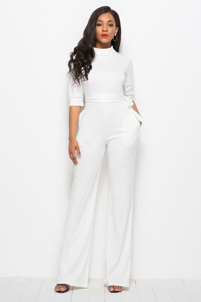 Mock Neck Tie-Waist Half Sleeve Jumpsuit | AdoreStarr