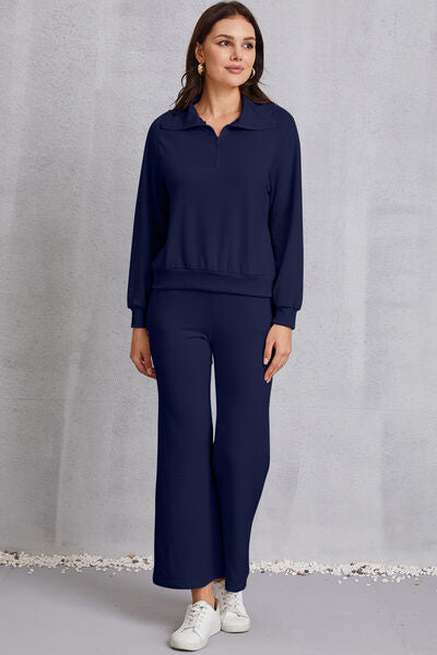 Half Zip Collared Neck Sweatshirt and Pants Set | AdoreStarr