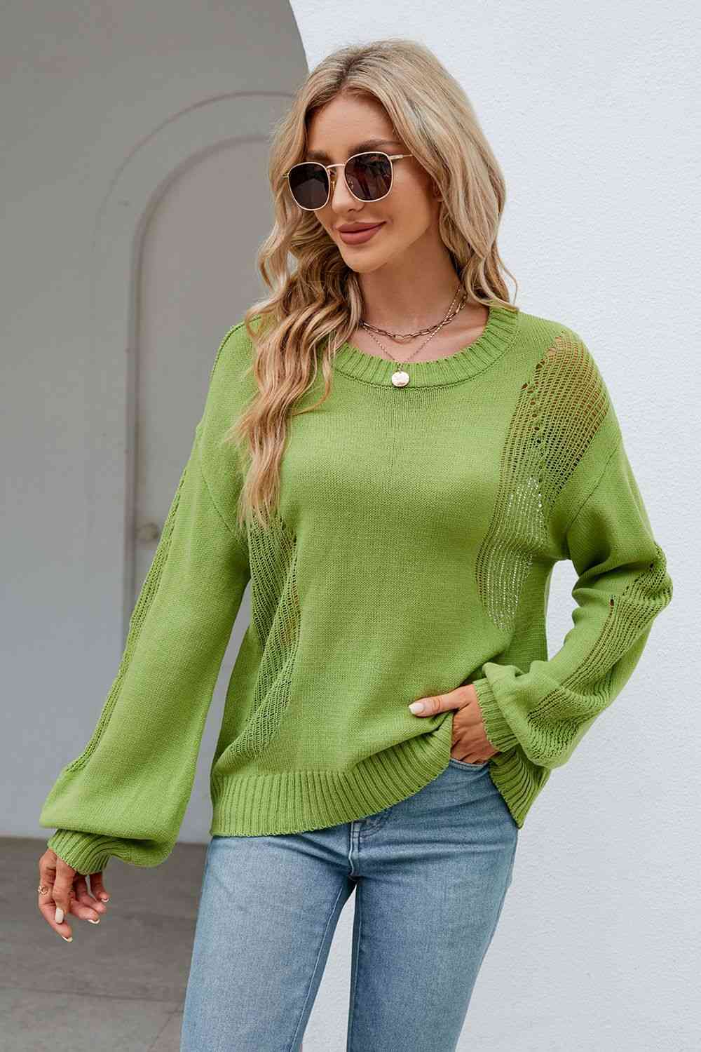 Openwork Dropped Shoulder Knit Top - Mid Green