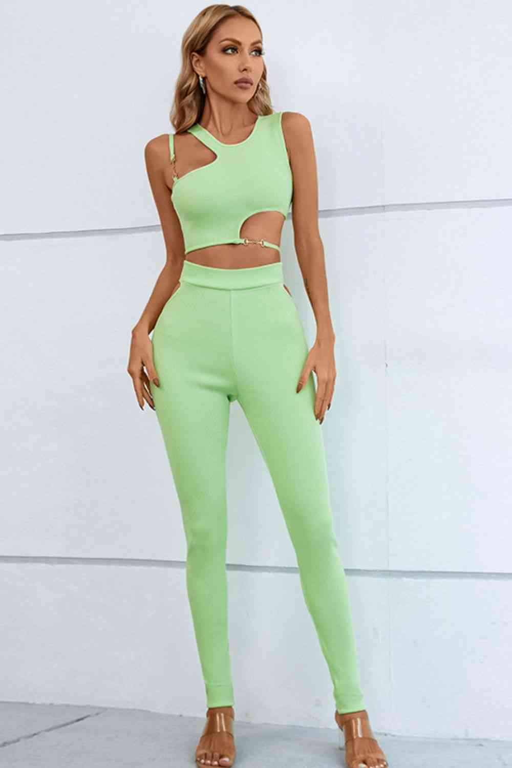 Asymmetrical Ribbed Cutout Tank and Pants Set | AdoreStarr