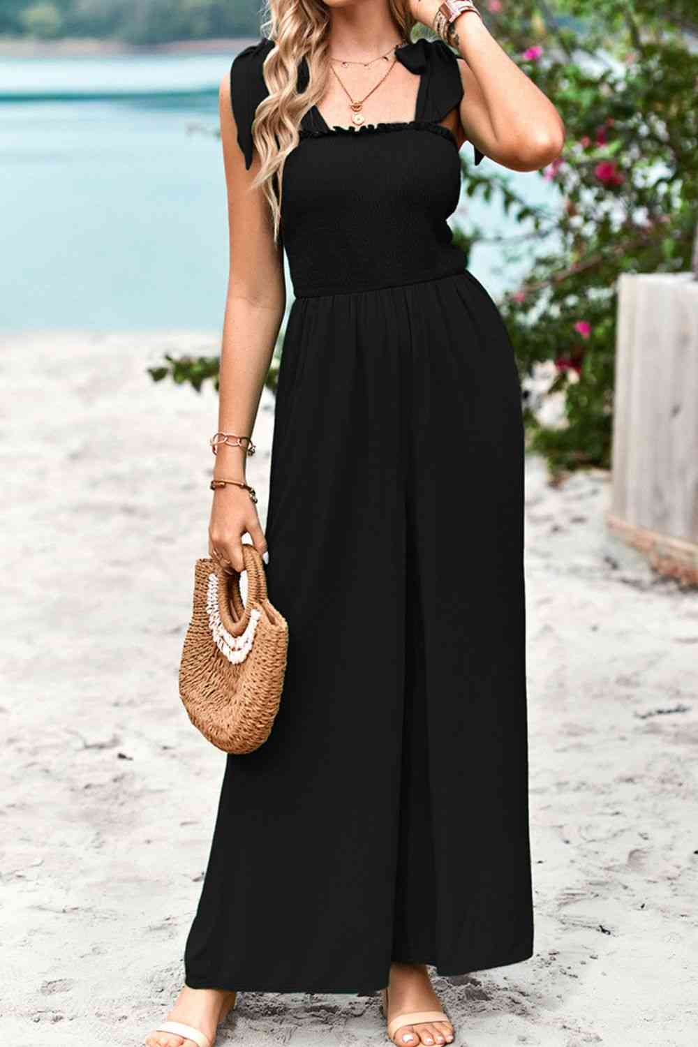 Frill Trim Tie Shoulder Wide Leg Jumpsuit