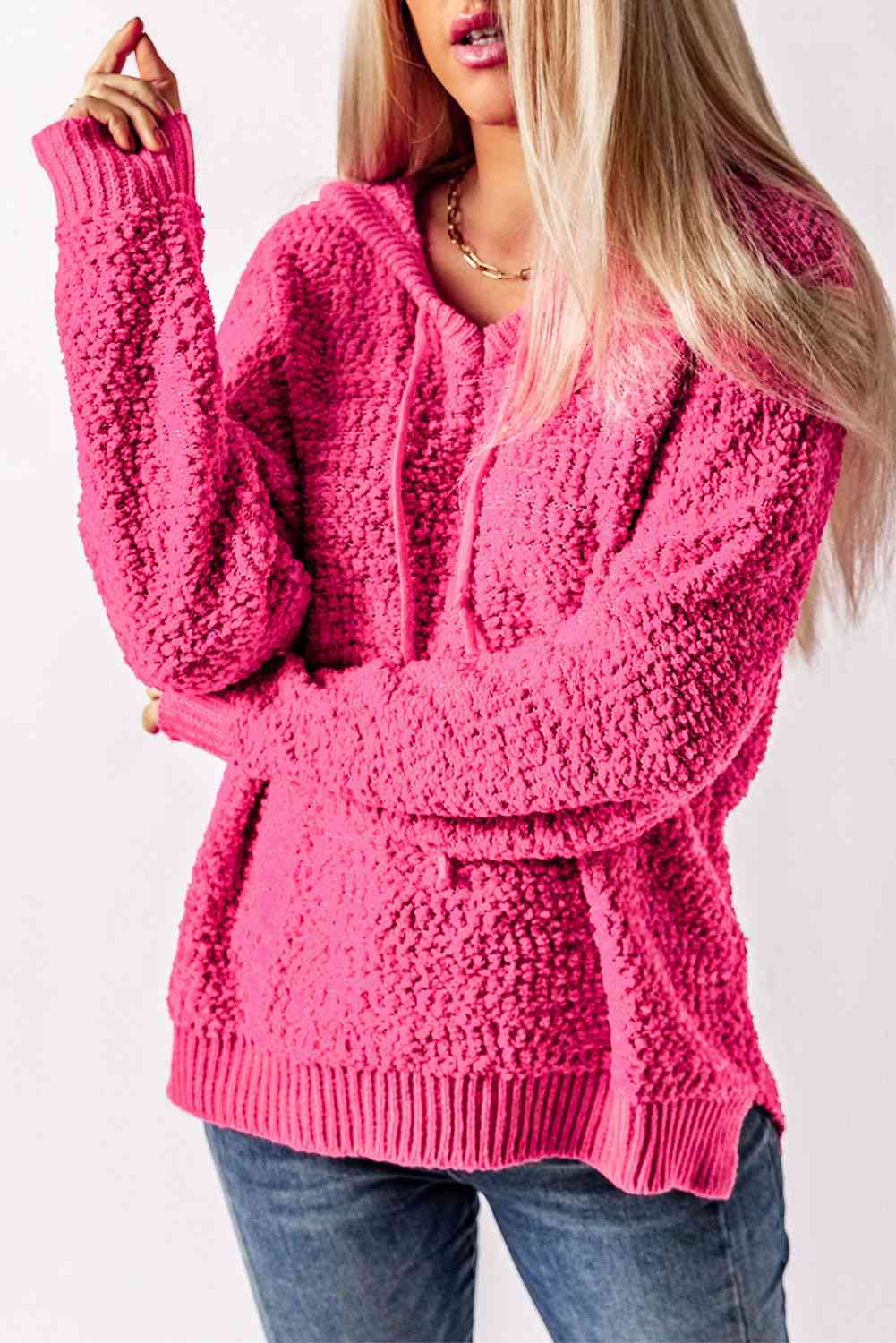 Popcorn Knit Slit Hooded Sweater | AdoreStarr
