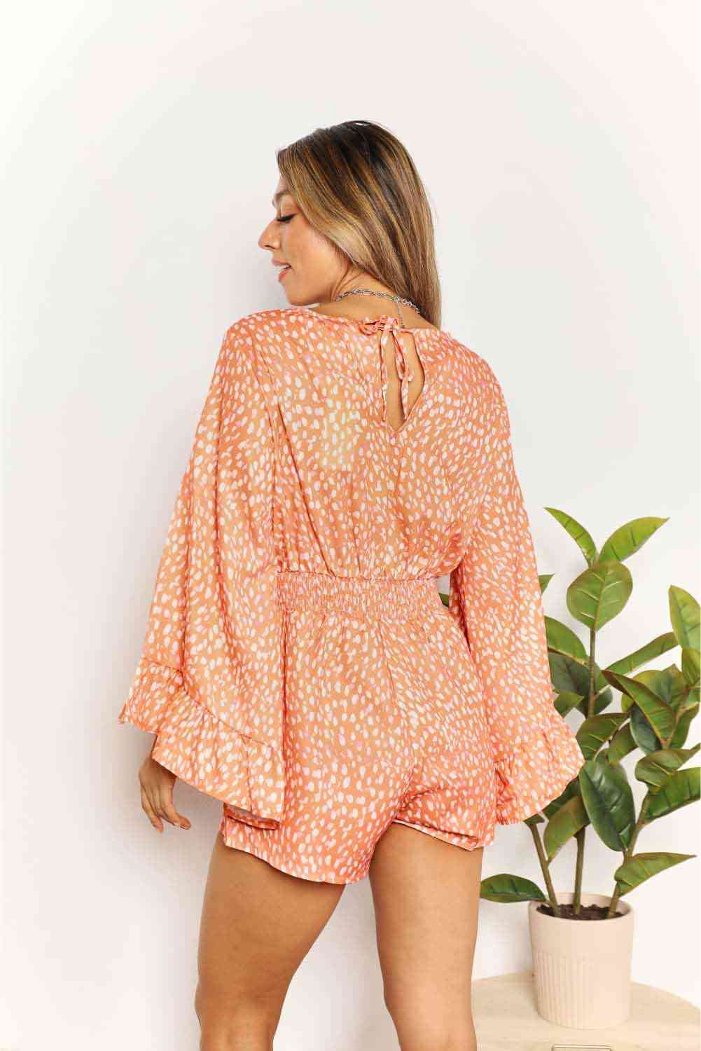 Printed Flare Sleeve Surplice Romper | AdoreStarr