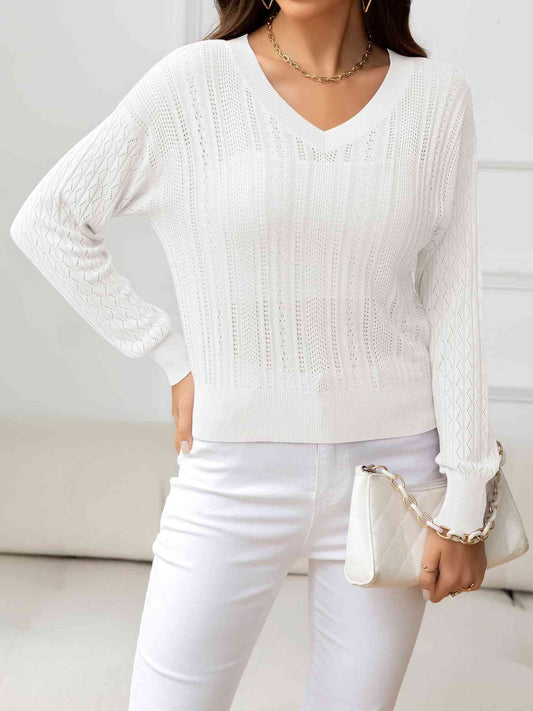 V-Neck Long Sleeve Eyelet Knit Top | AdoreStarr