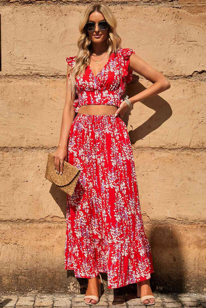 Printed Tie Back Cropped Top and Maxi Skirt Set | AdoreStarr