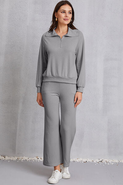 Half Zip Collared Neck Sweatshirt and Pants Set | AdoreStarr