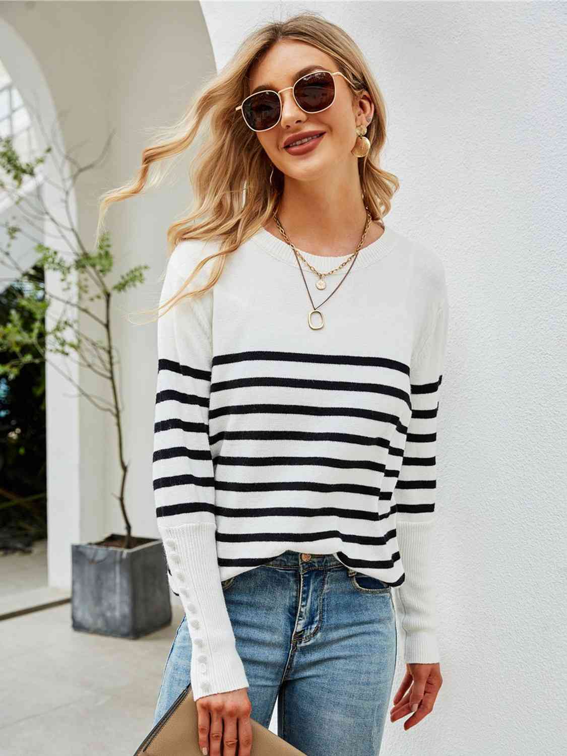 Striped Decorative Button Knit Top | AdoreStarr