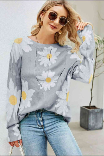 Daisy Print Openwork Round Neck Sweater | AdoreStarr