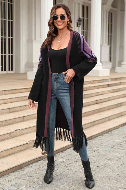 Geometric Fringe Hem Open Front Duster Cardigan | AdoreStarr