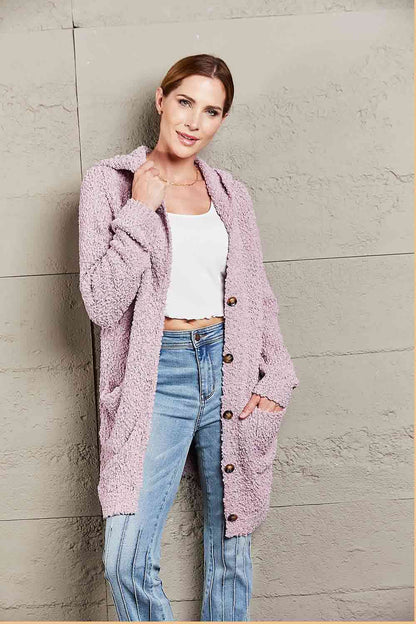 Popcorn-Knit Long Sleeve Hooded Cardigan | AdoreStarr