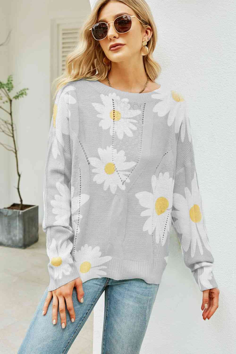 Daisy Print Openwork Round Neck Sweater - Light Gray