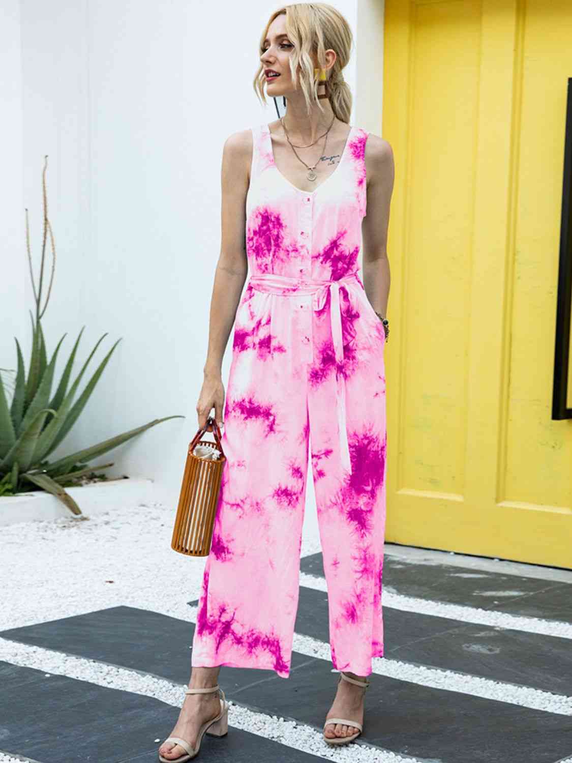 Tie-Dye Tie Waist Sleeveless Jumpsuit | AdoreStarr