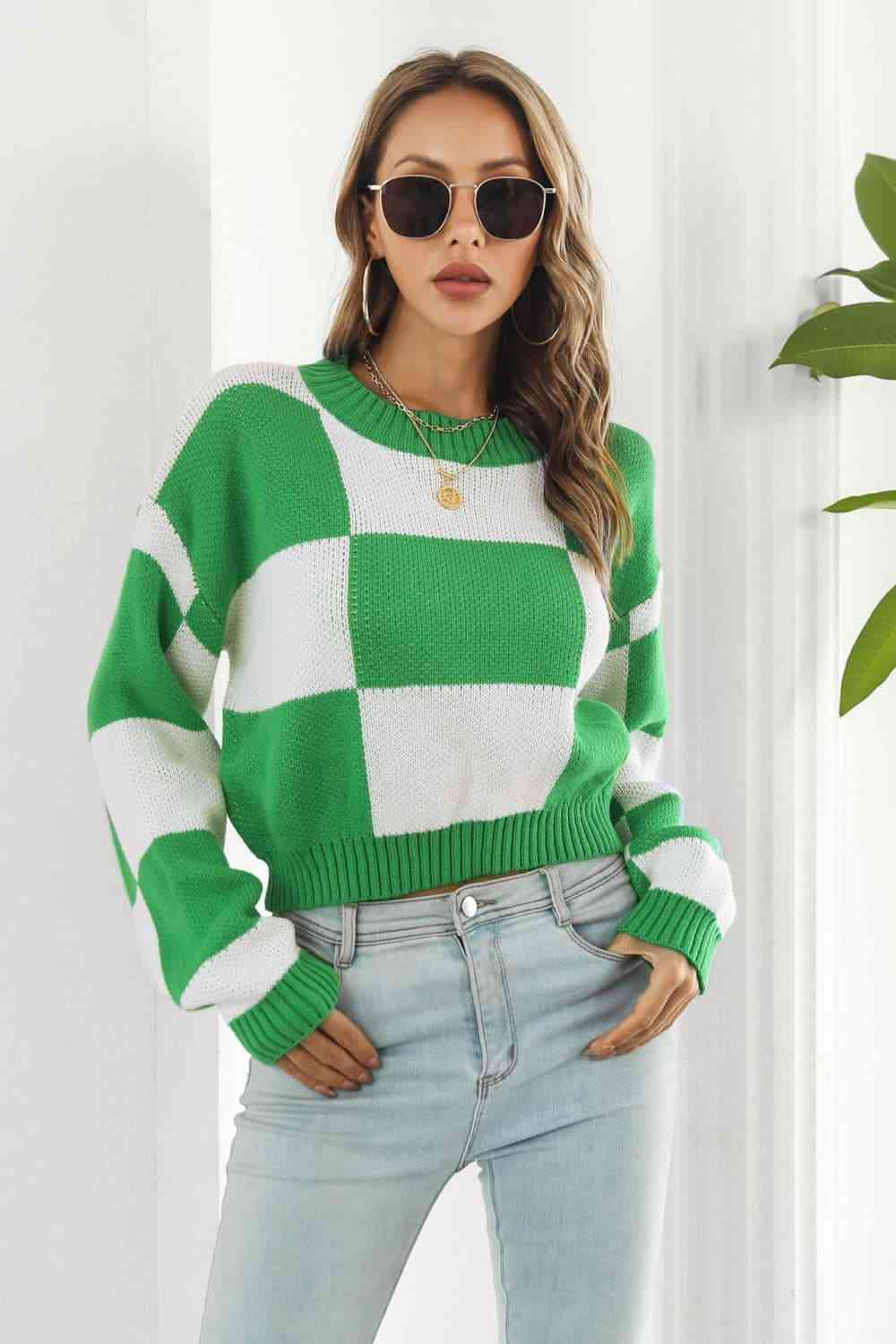 Colorblock Dropped Shoulder Sweater - Mid Green