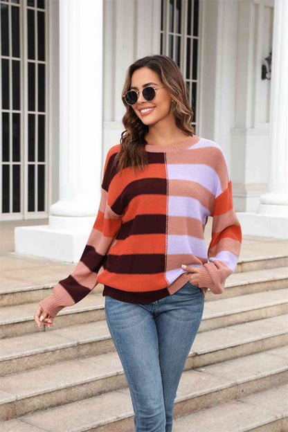 Round Neck Color Block Pullover Sweater | AdoreStarr