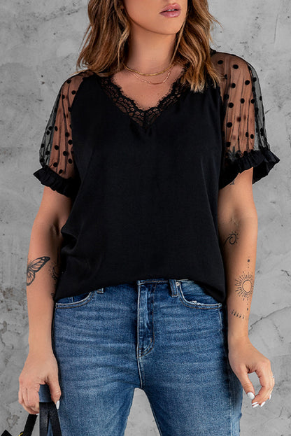 Polka Dot Lace Trim Spliced Mesh Blouse | AdoreStarr