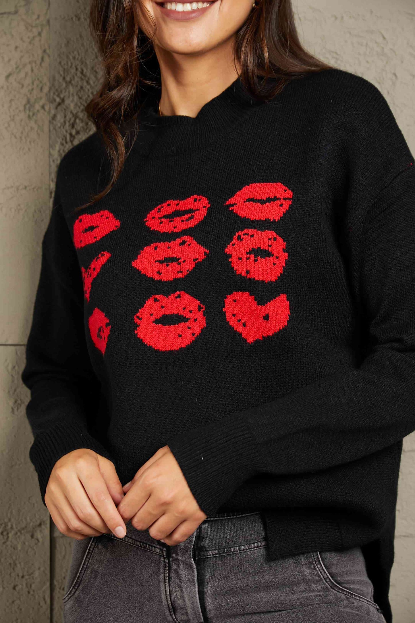 Lip Graphic Slit Dropped Shoulder Sweater - Black