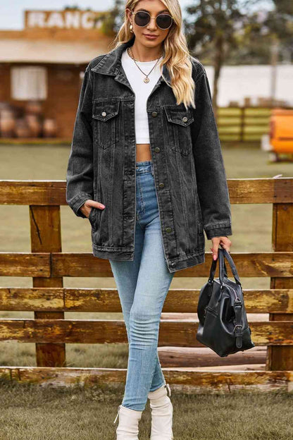 Buttoned Collared Neck Denim Jacket - Black