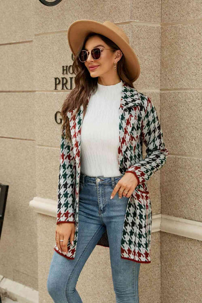 Printed Open Front Lapel Collar Cardigan - Green