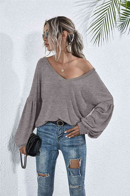 V-Neck Dropped Shoulder Knit Top - Charcoal