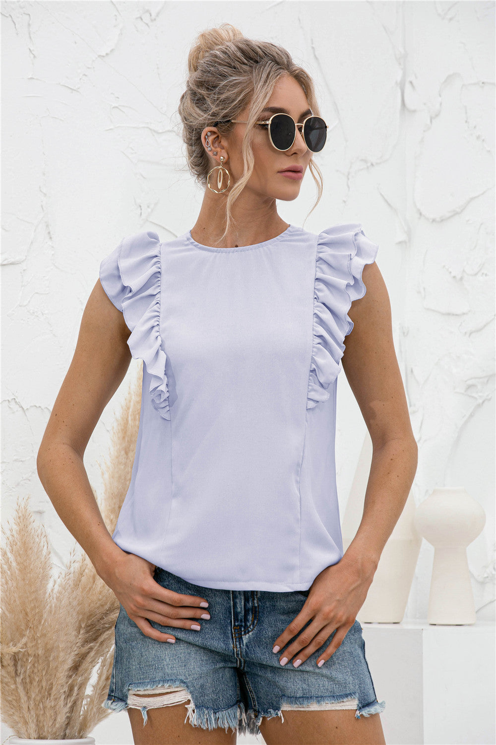 Ruffle Shoulder Tie-Back Crewneck Top | AdoreStarr