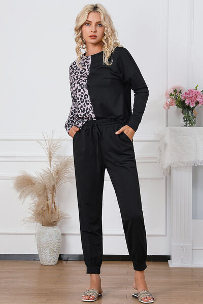 Leopard Top and Drawstring Pants Lounge Set | AdoreStarr