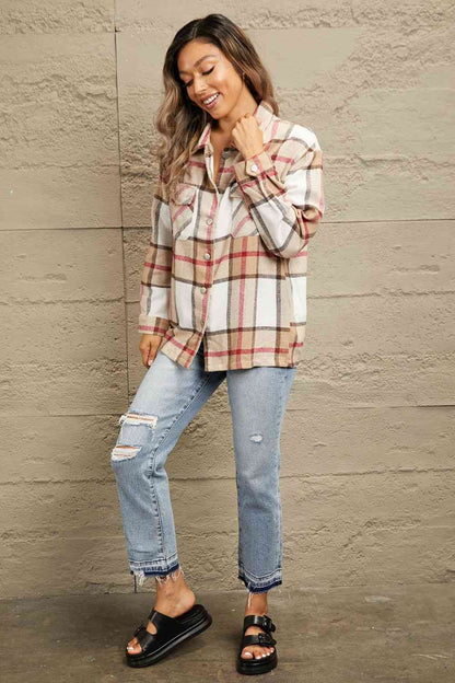 Plaid Button-Up Dropped Shoulder Shirt Jacket | AdoreStarr